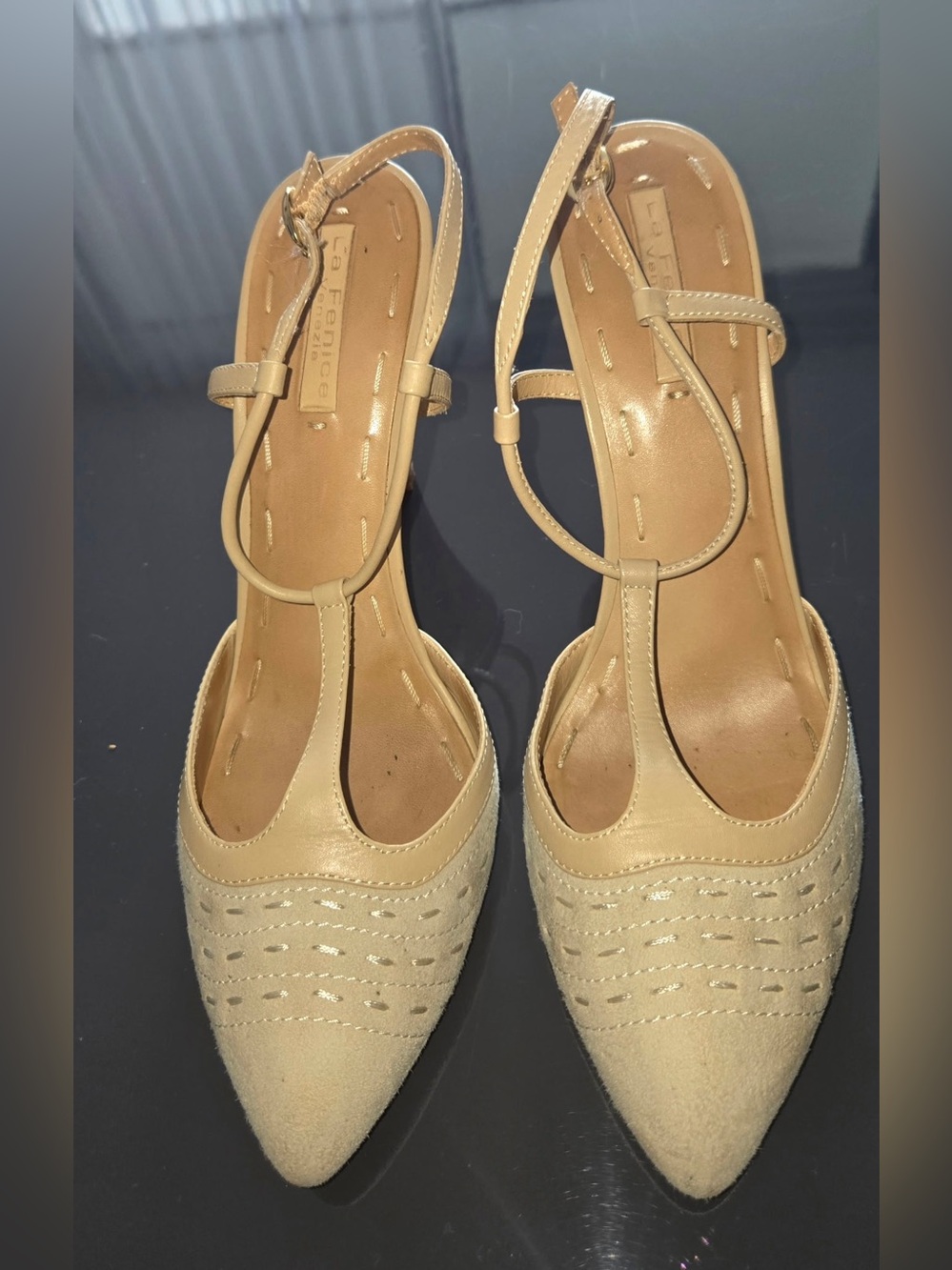 La Fenice Venezia Beige Suede Strappy Pointed-Toe Heels. Made in Italy. 8 1/2